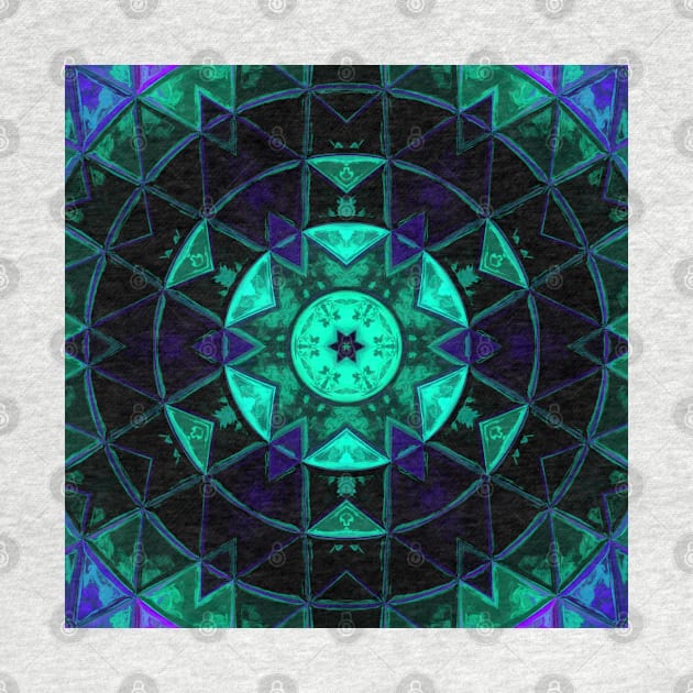 Mosaic Kaleidoscope Flower Teal Blue and Black by WormholeOrbital